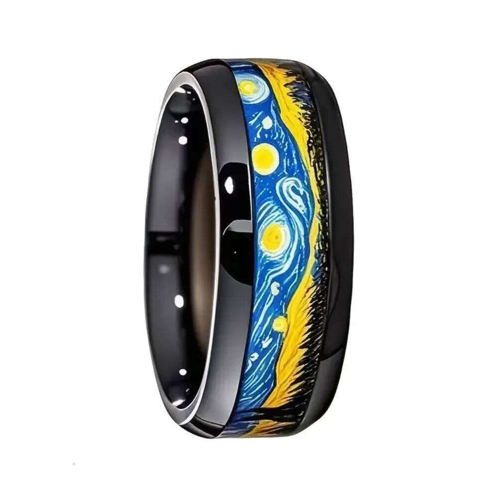 Trendy Creative 8mm Black Spherical Surface Starry Sky Artwork Stainless Steel Rings for Women Men Painter Finger Jewelry Gifts H260312