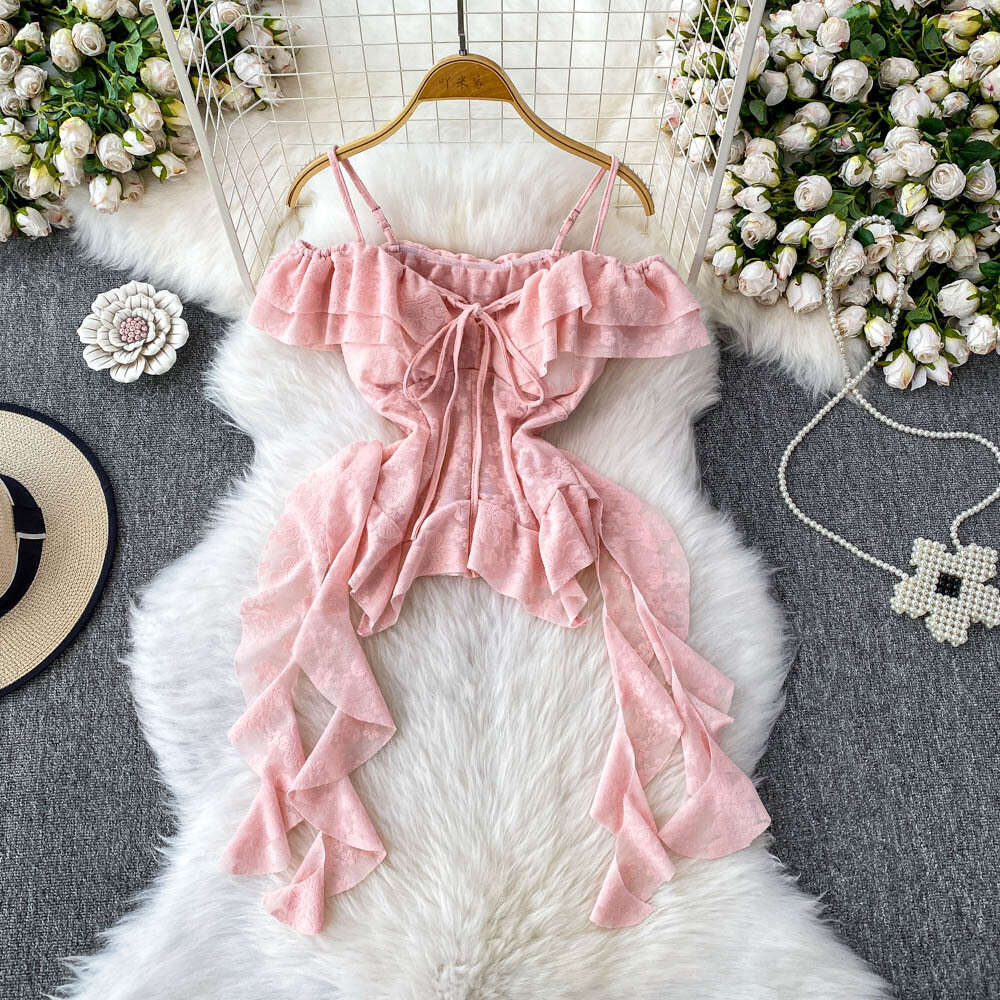 Designer French ruffled off shoulder women's vest 2026 new irregular jacquard slim fit top