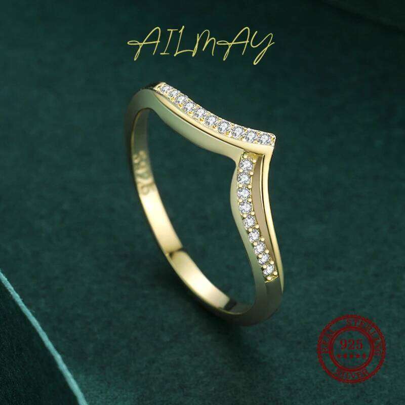 Ailmay Romantic V Shape High Quality CZ Ring Real 925 Sterling Silver Fashion Sparkling Finger Rings For Women Wedding Jewelry H260312