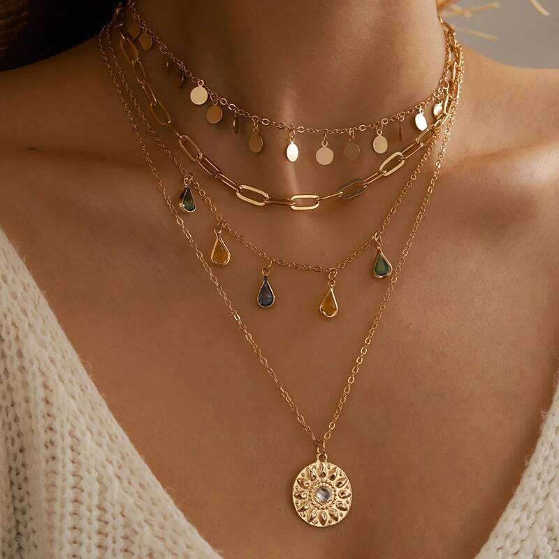 New Fashion Geometric Sequins Tassel Choker for Women Boho Star Moon Pendant Multi Layered Chain Necklace Party Jewelry H260312