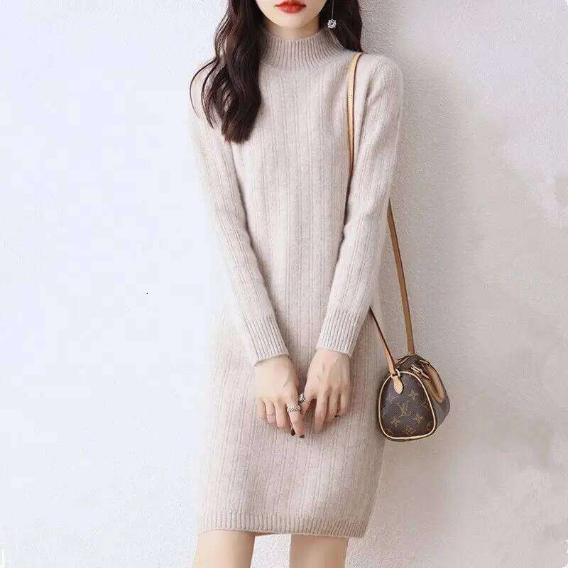 Autumn Winter New Women Solid Half High Collar Temperamen Fashion Long Sleeve Mid-length Straight Loose Knittd Dresses Z260313