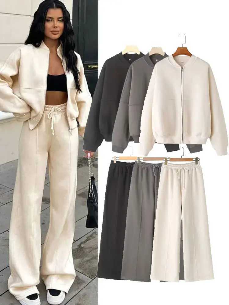 HH Womens Fall 2-Piece Retro Solid Color Zip Bomber Jacket SweatshirtHigh Waist Lace Up Womens Wide Leg Pants Street Wear M260313