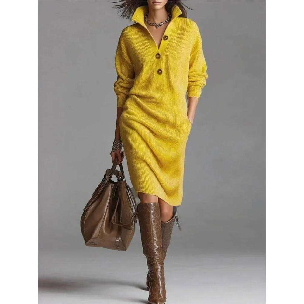 New Autumn Casual Button Loose Straight Knitting Mid-Length Sweater Dresses Women's Fashion Lapel Long Sleeve Pocket Party Dress Z260314