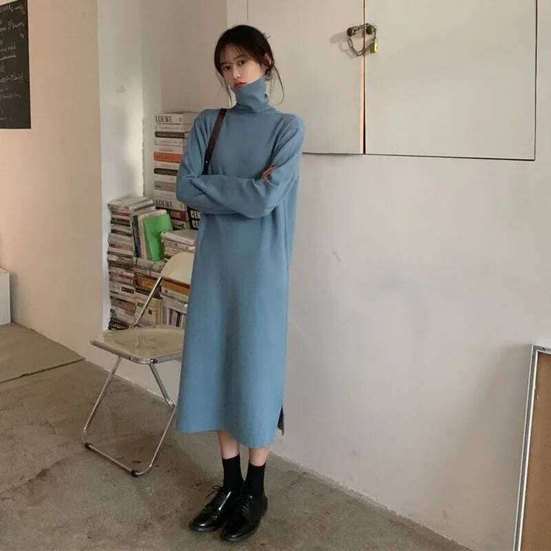 Smvp Fall Winter Turtleneck Women Basic Solid Casual Loose Long Sleeve Dresses Female Streetwear Side Split Dress Z260314