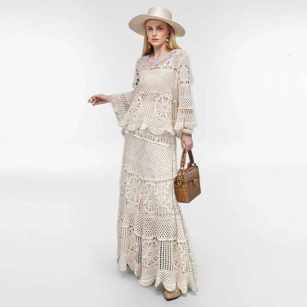 Casual Knitted Piece Set Women Hollowed Out Jacquard Spring Summer O Neck Flare Sleeved Pullover Elastic Skirt Beach Clothing MAKOUFEI