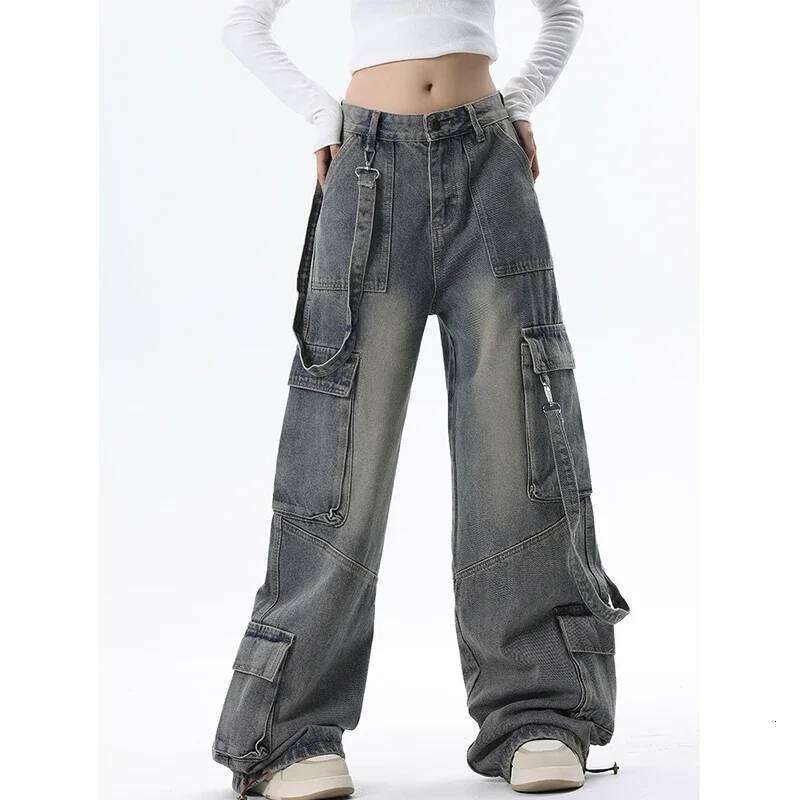 Women Blue Jeans Cargo Streetwear High Waist Wide Leg Pants Fashion Y2K Style Female Winter Straight Trousers Z260313