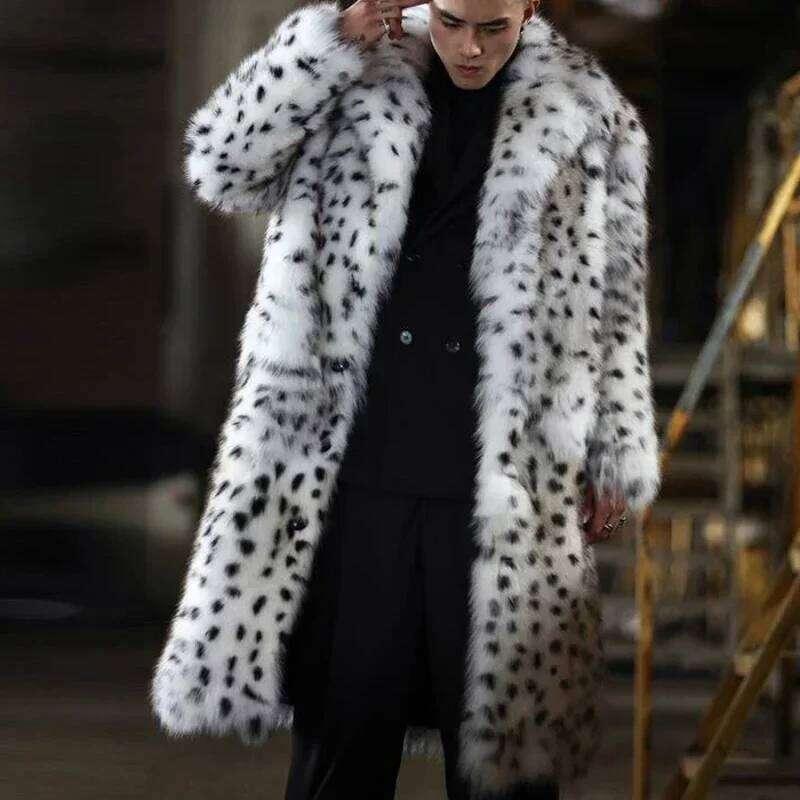 Leopard Men Winter Thick Hooded Faux Fox Coat Jacket Long Sleeve Warm Luxury Fur Black Parkas Bontjas Furry Shaggy Outerwear Z260313