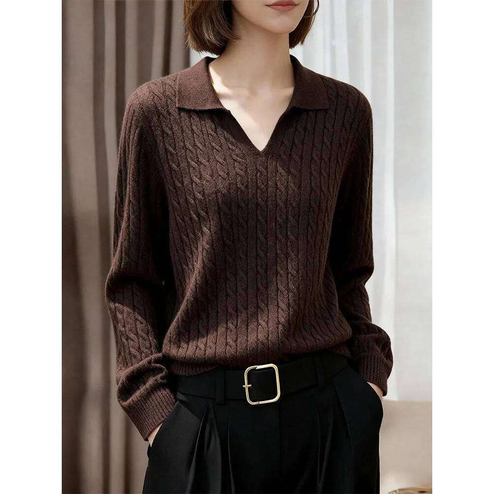 Long-sleeved cashmere sweater ladies winter new comfortable, fashionable and casual temperament lapel blouse sweater. Z260313