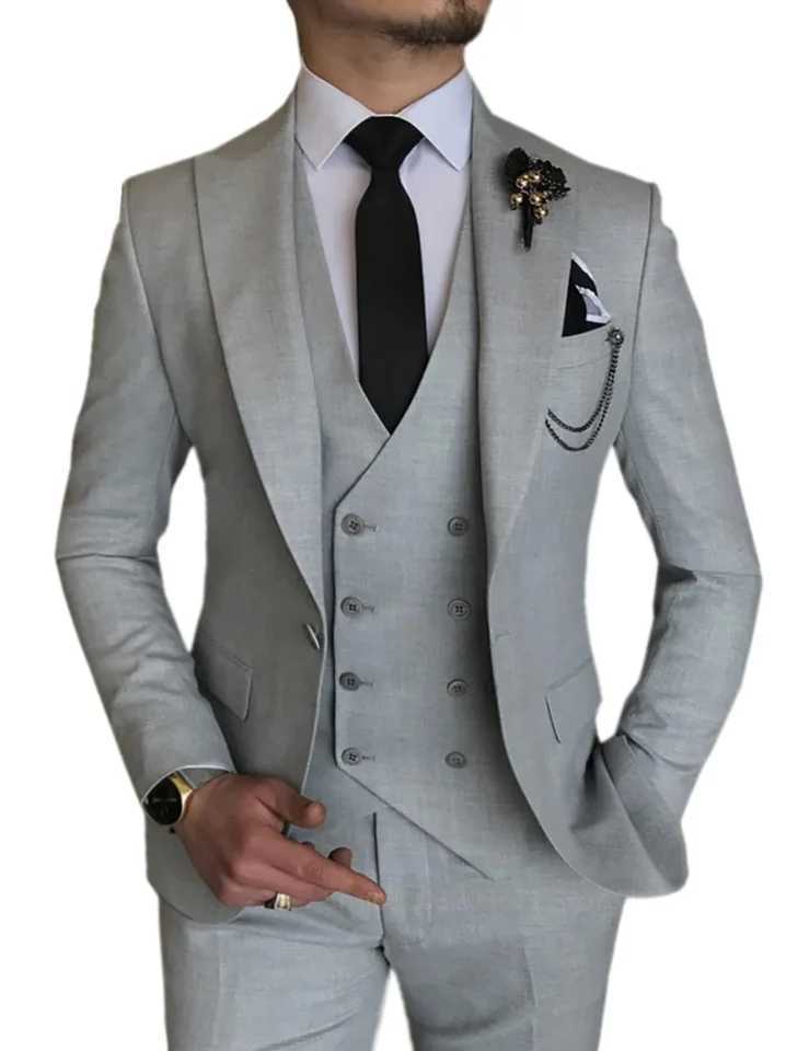 3 Pieces Light Gray Suits Men Suits Wedding Wear Business Male Groom Wedding Dress Jacket Vest Pants Set Blazers Coat M260313