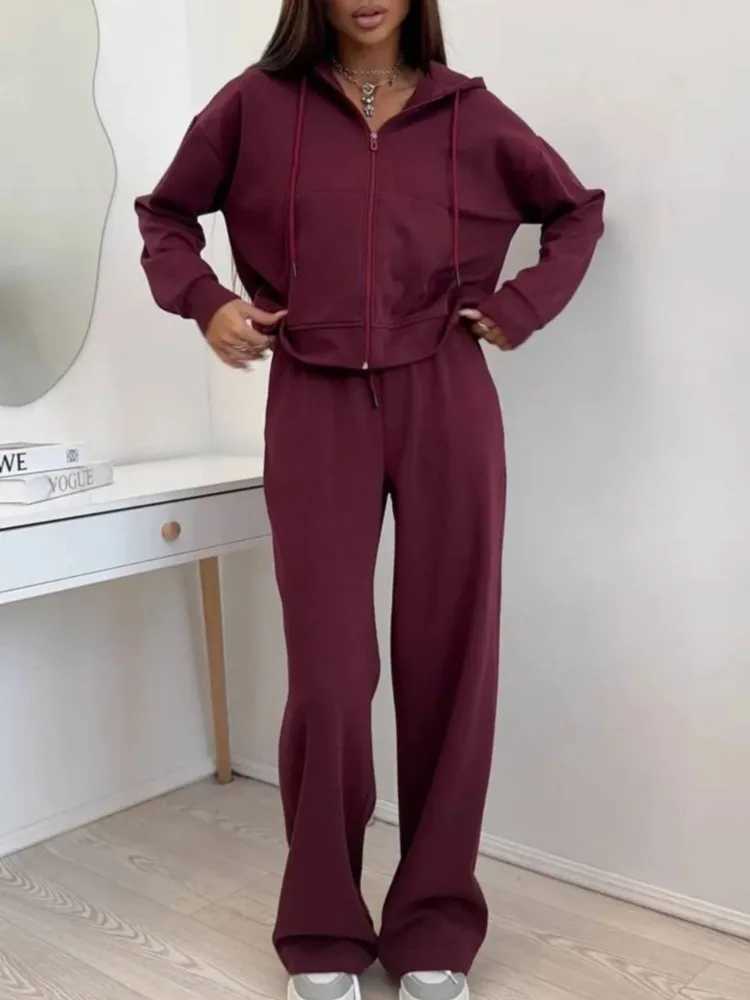 Autumn Solid Color Sports Suit Long-sleeved Zipper Cardigan Hooded Sweatshirt Trousers Two-piece Set Womens Casual Trousers Set M260313
