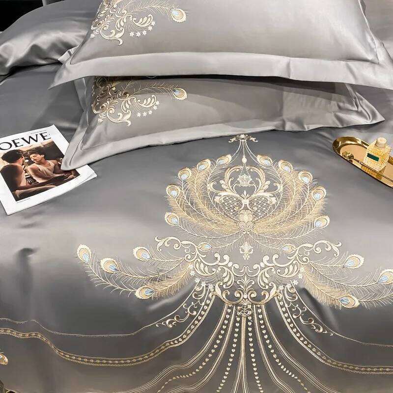 Gold Light High-grade Pure Embroidery White Gray Satin Cotton Bedding Four-piece Bed Cover Set H260312 - view 3