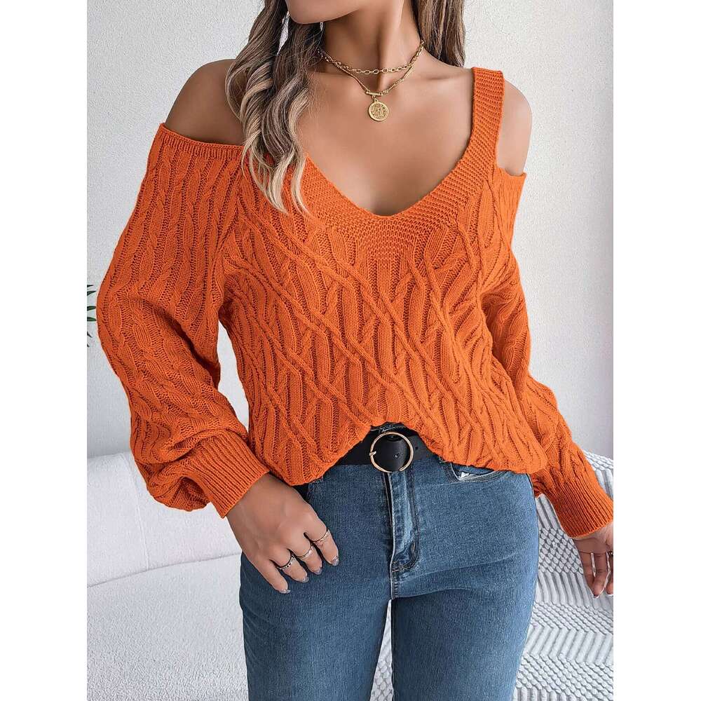 Women's Autumn Winter Casual Solid Color Off-Shoulder V-Neck Cable Knit Lantern Sleeve Pullover Sweater Top Z260313