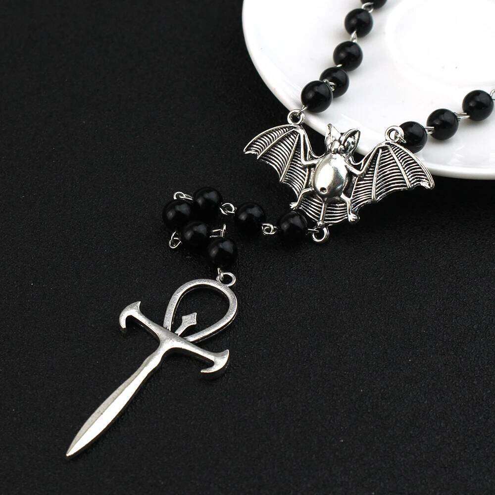 Gothic Vampire Ankh Rosary Occult Vamp Bead Punk Bat Cross Pendant Necklace Handmade Beaded Egyptian Jewelry H260312