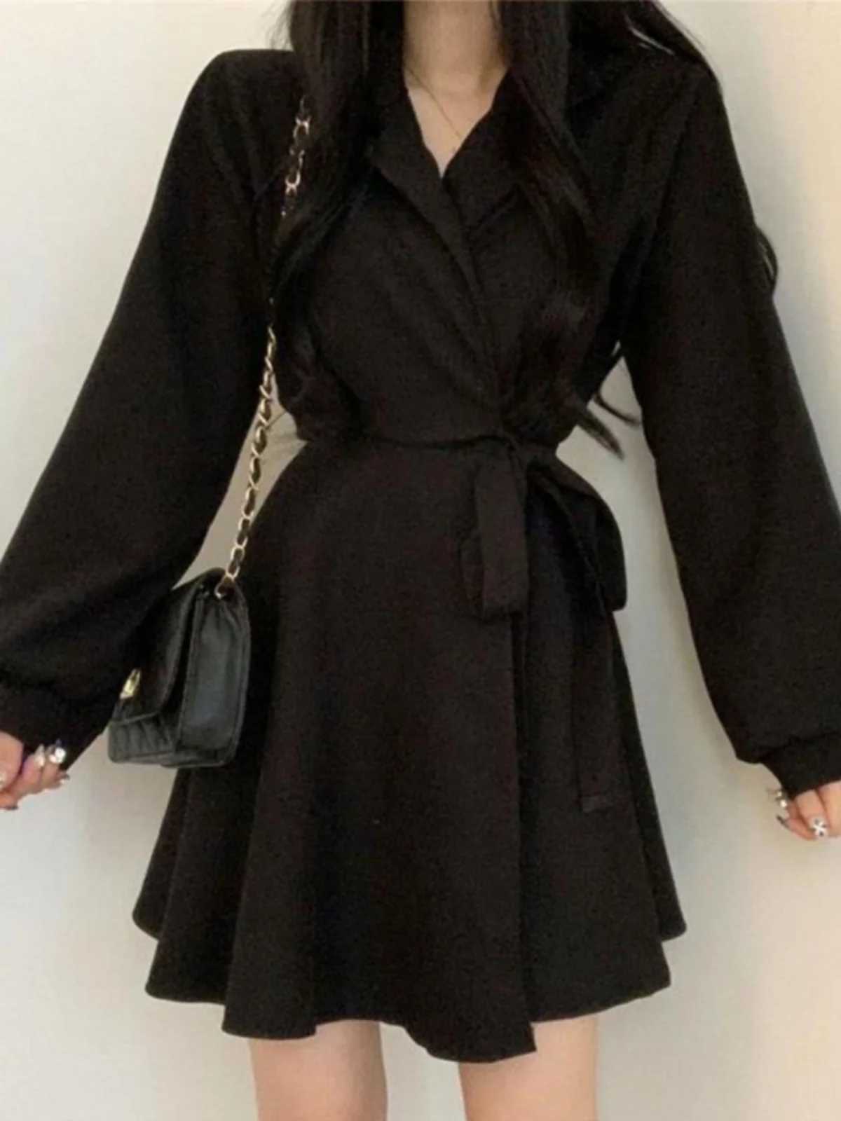 Bla Slimming Waist Gown Womens Faionable irt Dr Long Sve Autumn New Arrival A-Line Skirt V-Ne Casual SleT260314