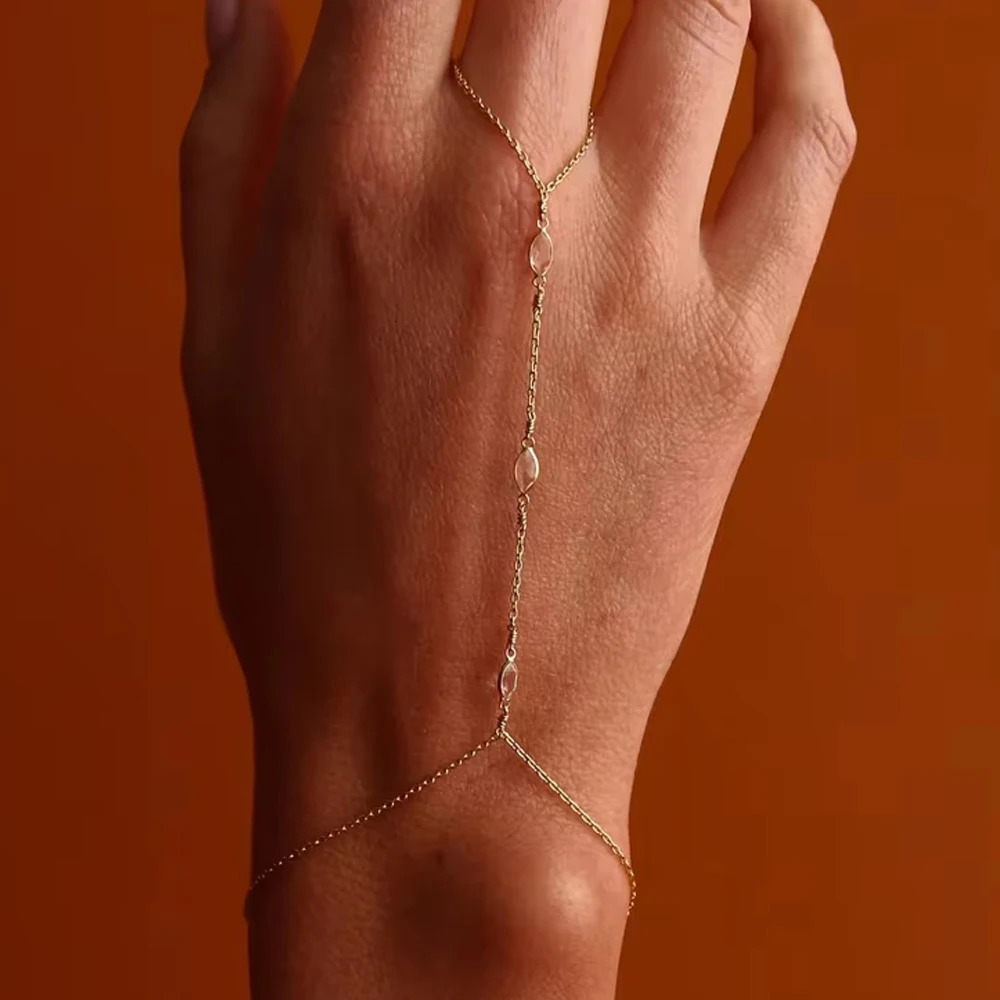 Fashion Mini Waterdrop Crystal Hand Chian Gold Color Link Chains Finger Ring Bracelet for Women Stainless Steel PVD Wed Jewelry 260313