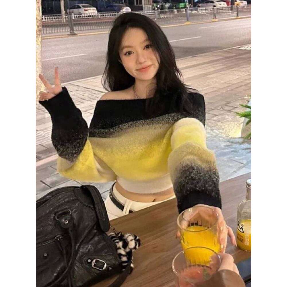 Slash Neck Sweaters Women Gradient Color Advanced Slouchy All-match American Style Long Sleeve High Street Sexy Knitwear Autumn Z260313