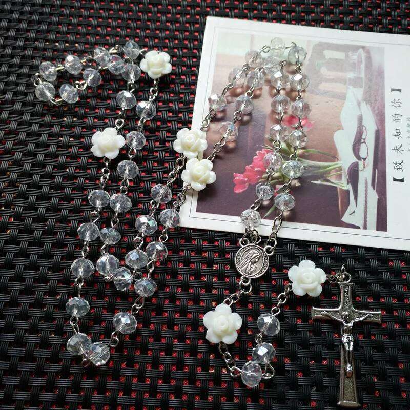 QIGO Pink Rose Crystal Rosary Catholic Vintage Cross Pendant Long Necklace Religious Jewelry H260312