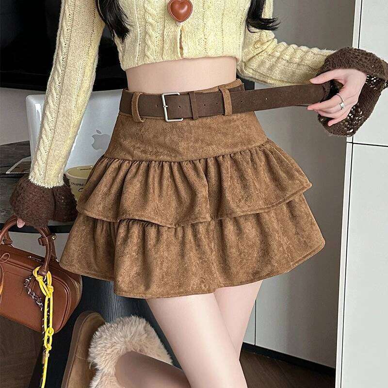 Seoulish High Waist Vintage Velvet Women's Cake Short Skirts with Belted 2025 New Autumn Winter Ruffles A-line Mini Skirt Female Z260314