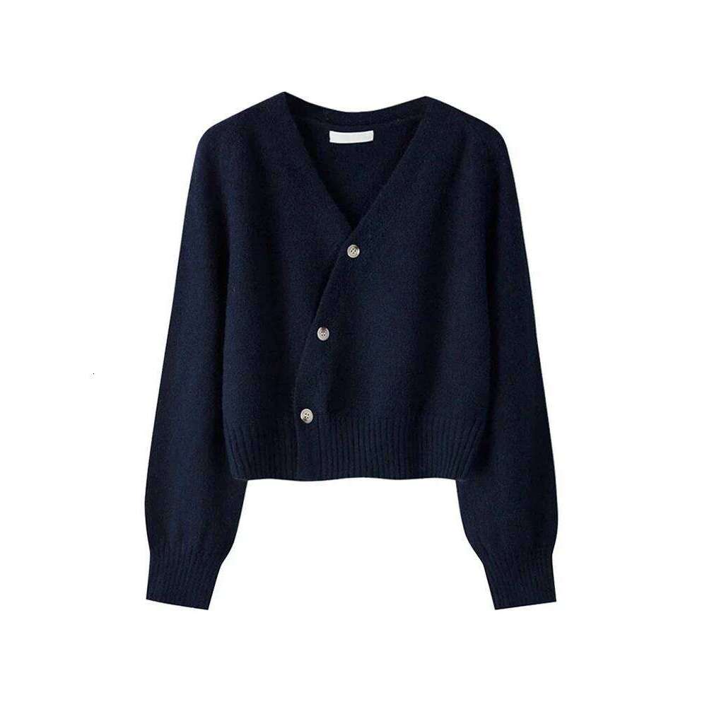 2025 Autumn Winter Skew Button Cardigan V-neck Women Knitted Long Sleeve Tops Korean Loose Solid Cashmere Woman Sweater Z260314