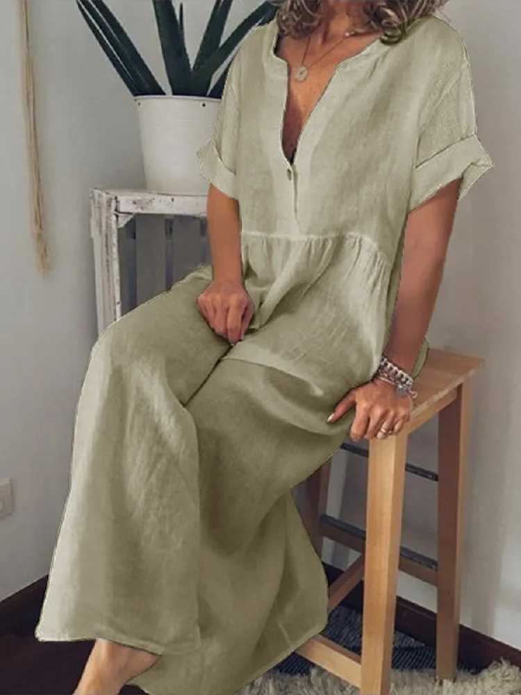 Summer Casual Loose Cotton Linen Short-sleeved Womens Dress Fashion O Neck Button White Home Wear Holiday Dress Female 2026T260314