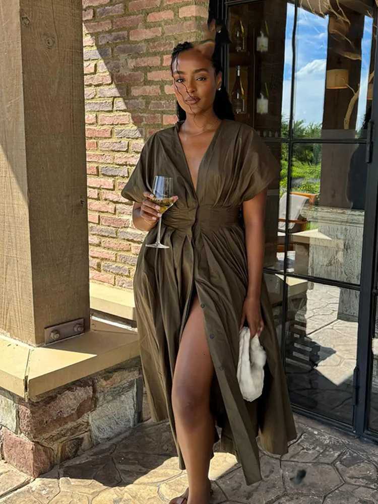 HH Female Summer Elegant Long Dress Solid V-Neck Short Sleeve Bow Lace-Up Single-Breasted Womens Fashion Casual DressT260314