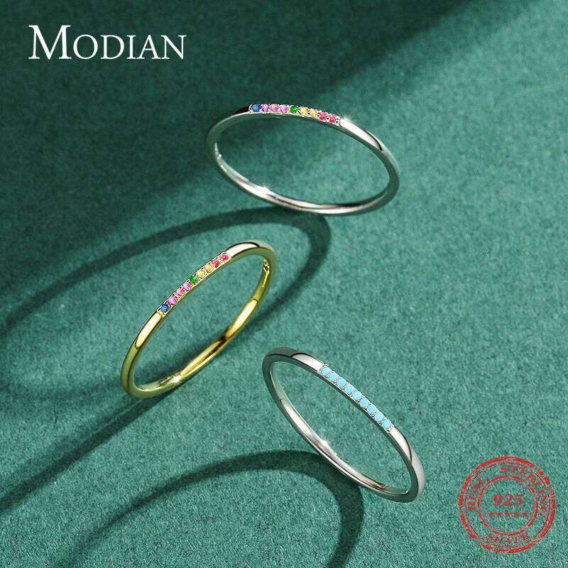 Modian New Real 925 Sterling Silver Trendy Rainbow CZ Stackable Colorful Finger Rings For Women Female Wedding Statement Jewelry H260312