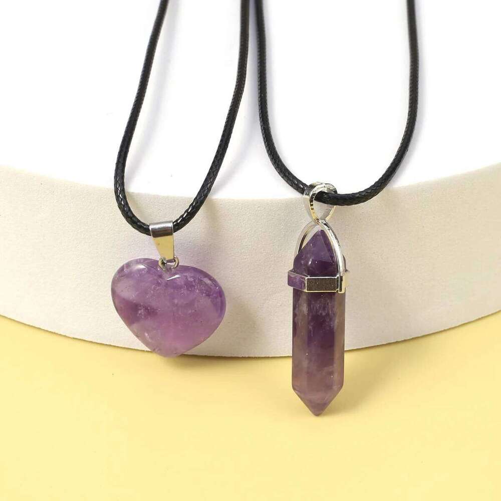 Couple Heart Shape Natural Stone Amethyst Pink Crystal Opal Obsidian Hexagonal Prism Pendant Jewelry Necklace Gift Pair H260312
