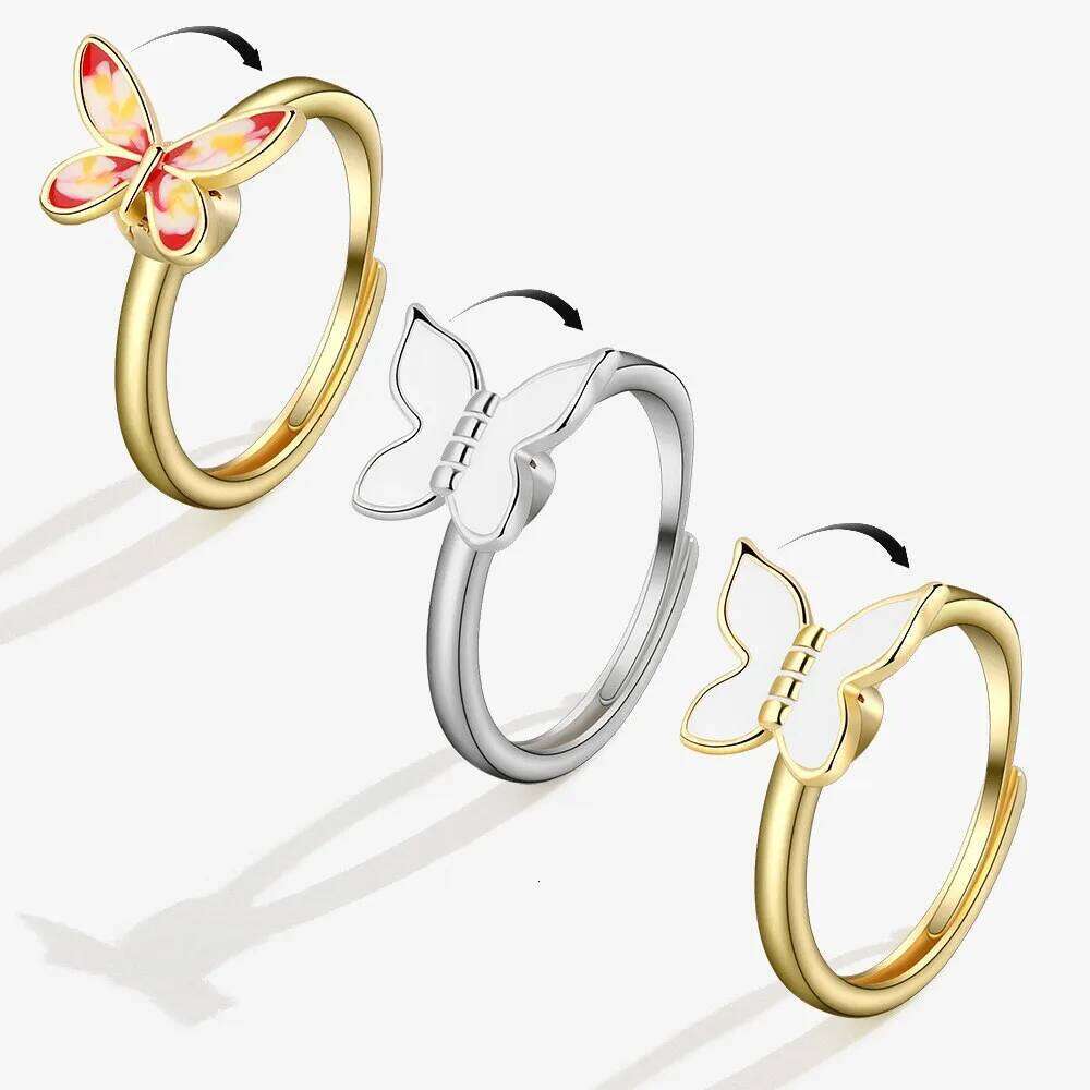 SMJEL Fidget Spinner Anxiety for Women Multiple Crystal Flower Eye Butterfly Animal Ring Rotate Anti Stress Wedding Jewerly H260312