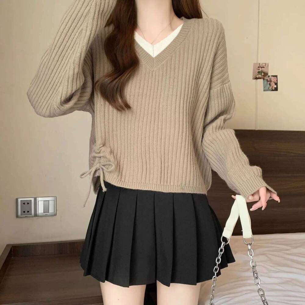 Knitted Women's 2025 New Autumn Winter Fashion Versatile Slimming V-neck Long Sleeved Fake Two-piece Drawstring Sweater Z260313
