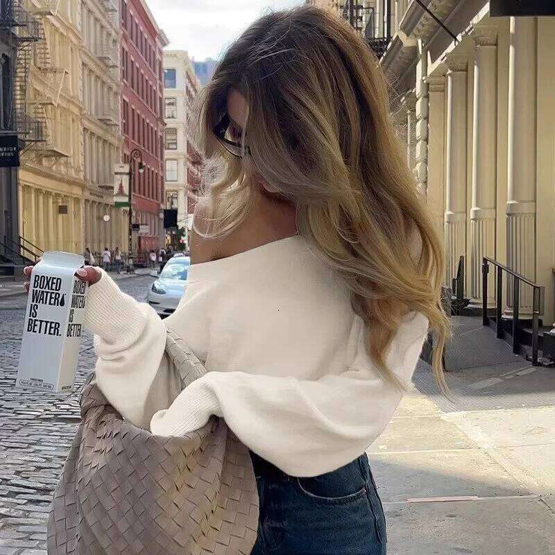 2025 Women New Fashion Off Shoulder Solid Casual Knitting Sweater Female Chic Long Sleeve Pullovers Coat Tops Z260313