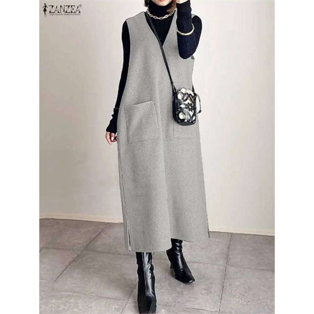 2025 Autumn Sweatshirt Dress ZANZEA Women Stylish Tanks Robe Elegant V Neck Sleeveless Winter Dresses Casual Baggy Work Sundress Z260313