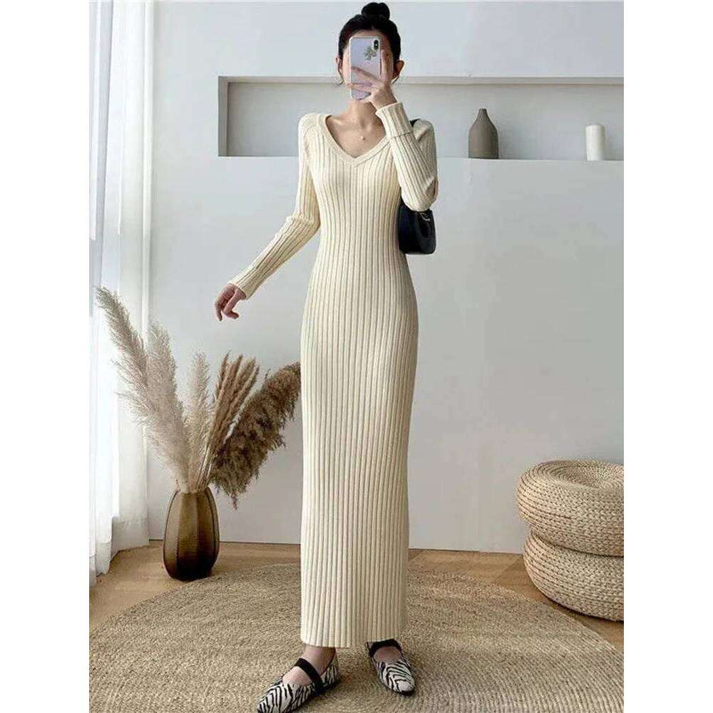 Zoki Elegant Solid Women Knitted Simple Korean Slim Long Sleeve Ankle Length Casual V Neck Office Ladies Chic Dress Z260314