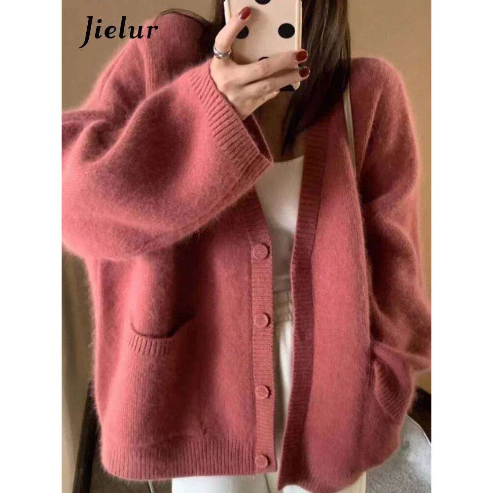 Korean Black Chic V-Neck Single Breasted Knitted Women New Fashion Pure Color Long Sleeves Loose Casual Female Cardigan Z260313