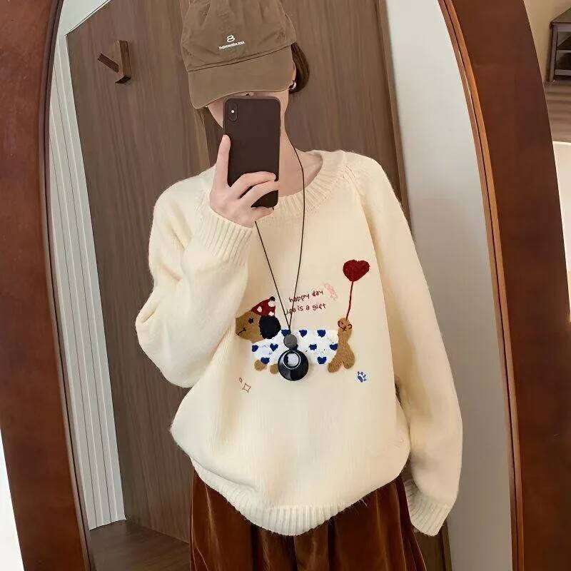 Korean Blue Puppy Towel Embroidered Raccoon Velvet Sweater for Women in Autumn and Winter Loose Outerwear Knitted Top Z260313