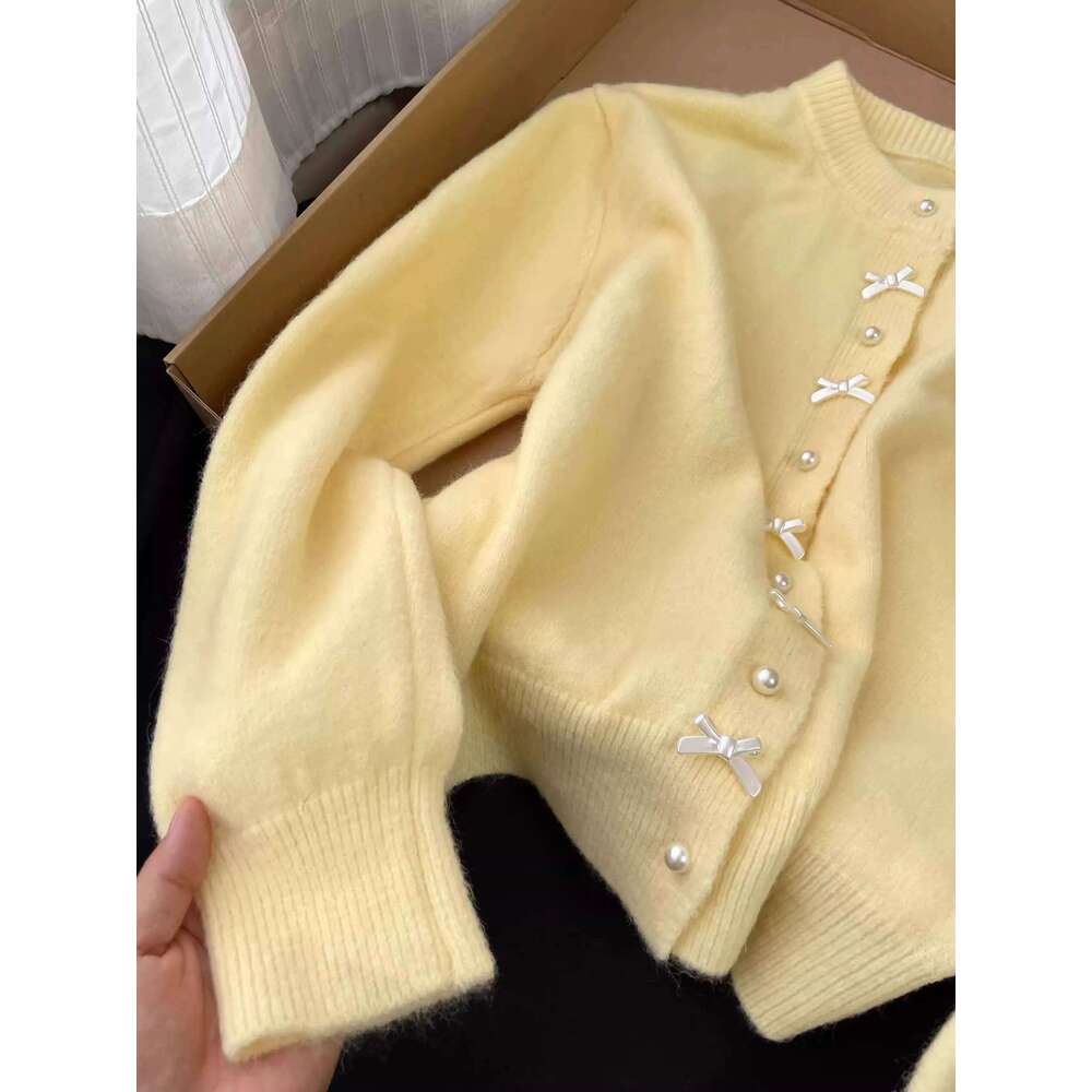 Women's Sweater Gentle Style Long Sleeve Pearl Button Top Spring Autumn New O-Neck Sweet Bow Yellow Knitted Cardigan Coat Z260313