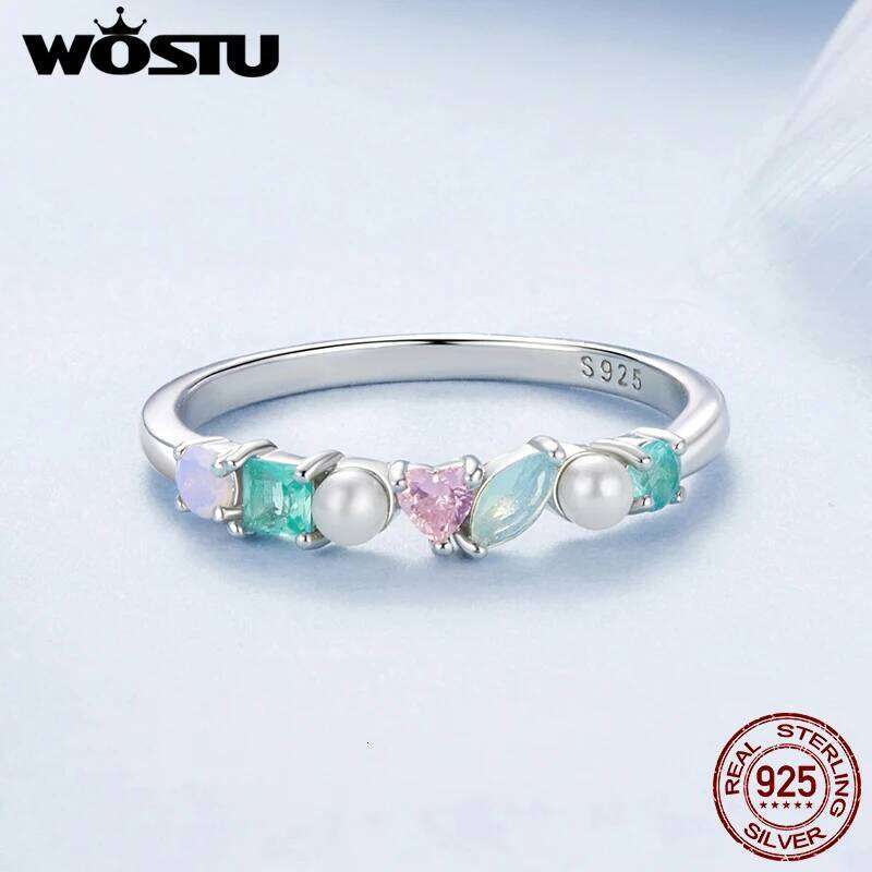 WOSTU 925 Sterling Silver Multi Color Gems Finger Rings Colorful Cute Opal Pearl Zircon Band Ring Girl Daughter Jewelry Gift H260312