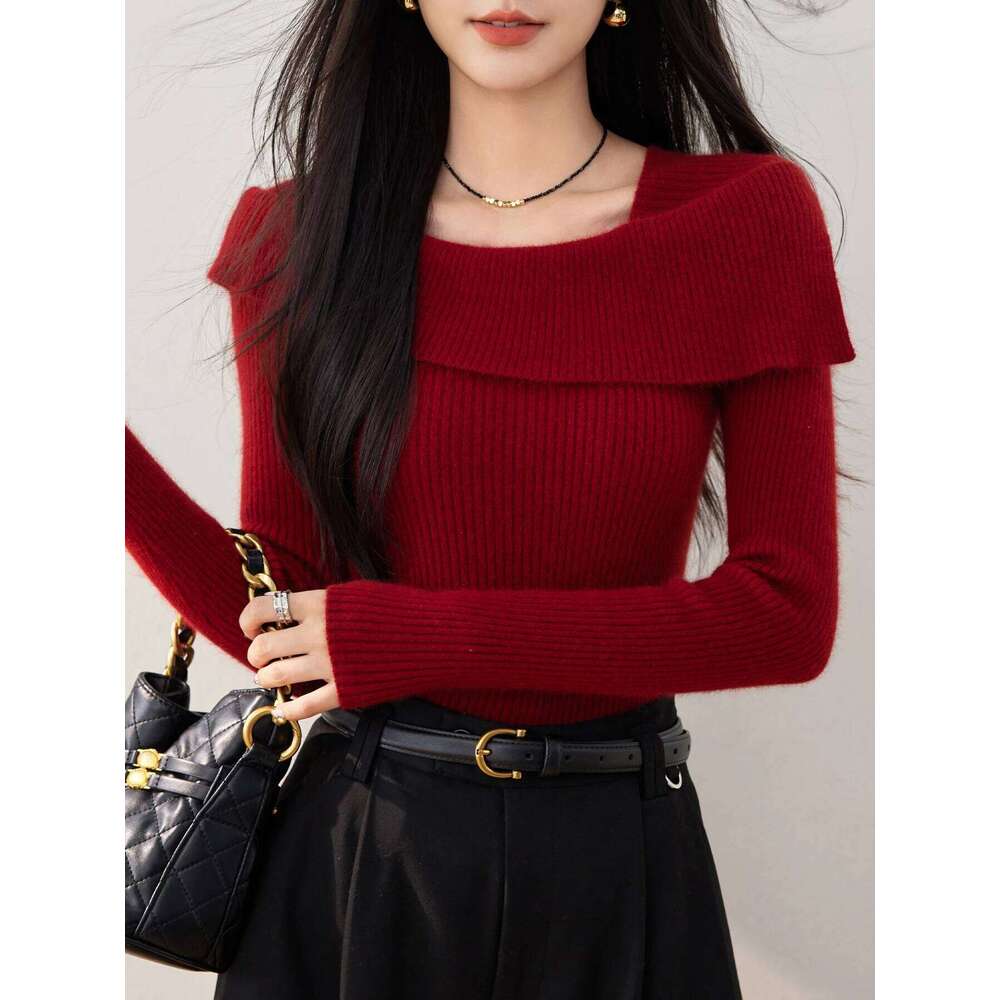 Women's Red Knit Top: Elegant Slim-Fit Long-Sleeve Sweater Versatile, Comfortable & Stylish Z260313