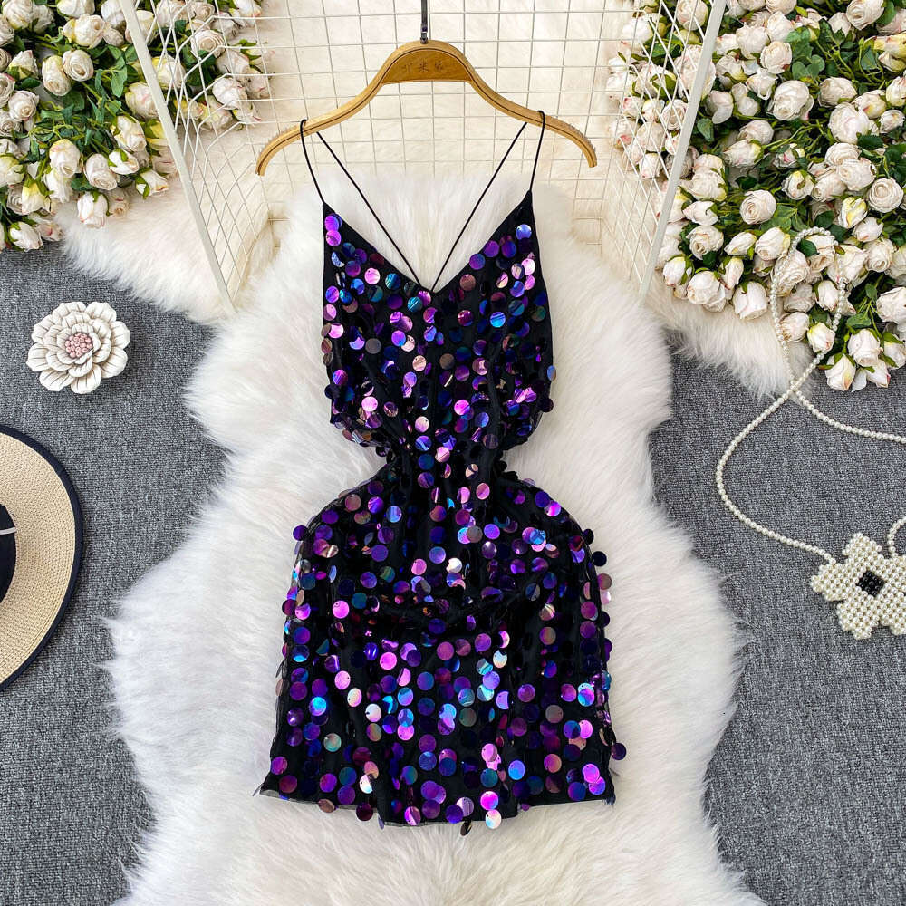 2026 high-end sparkling sequin V-neck backless camisole dress designed specifically for performances