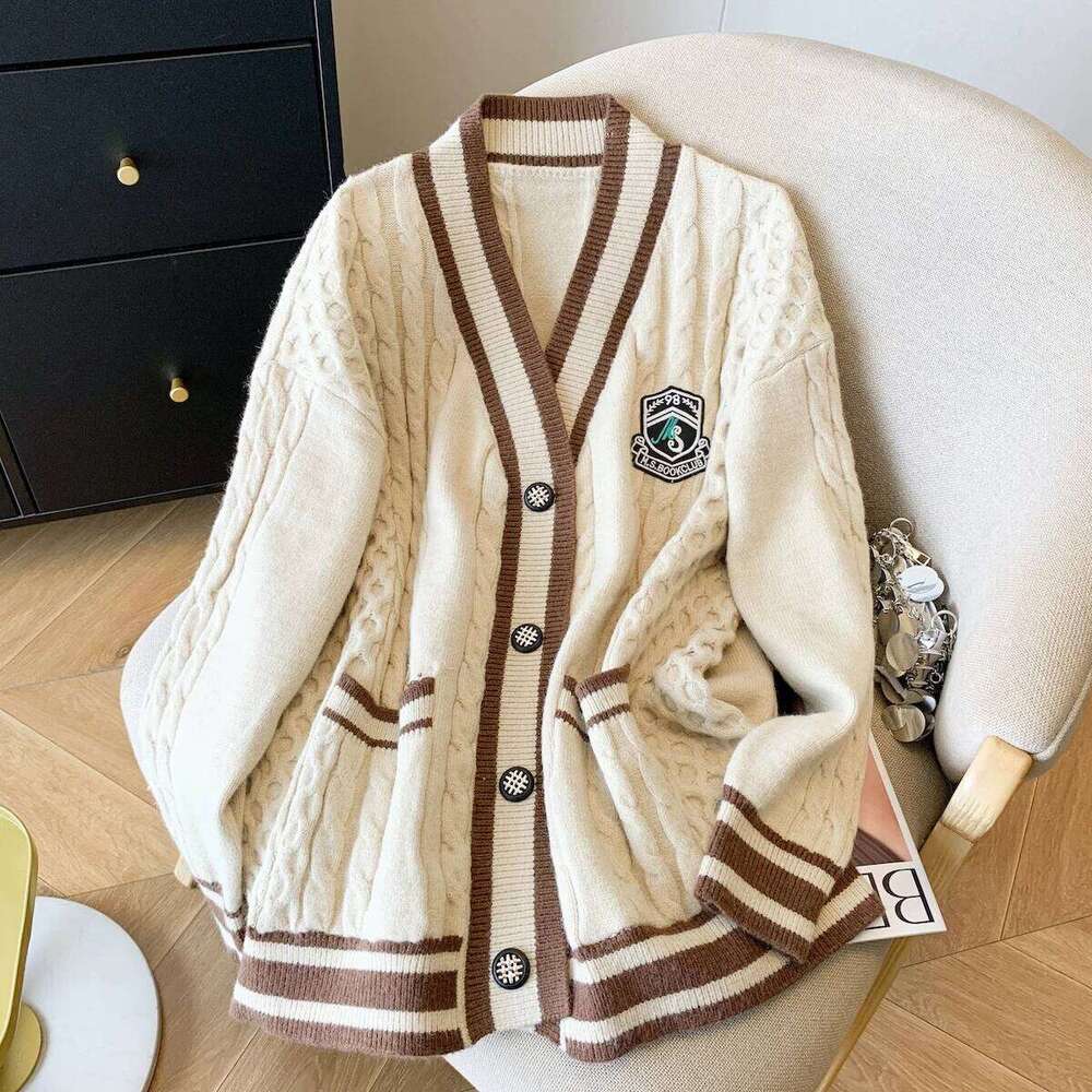 2025 Autumn Winter Preppy Style Embroidered Knitted Tops Loose Long Sleeve Cardigan Jacket Korean Casual Women Sweater Z260313