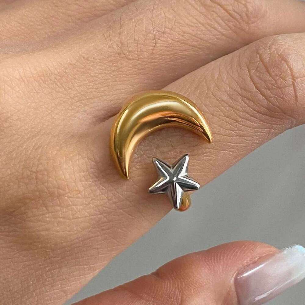 XIANING Minimalist Two Tone Star Moon Open 18K Gold Color Plated Stainless Steel Universe Ring Women's Jewelry Party Gift H260312