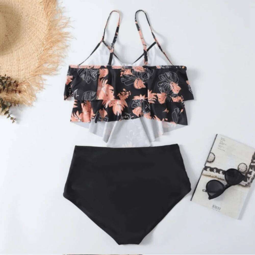 U-neck Sleeveless Floral Printed Swimwear Split Skinny Solid Color High Waist Bikini Striped Design Nylon Material Y260303