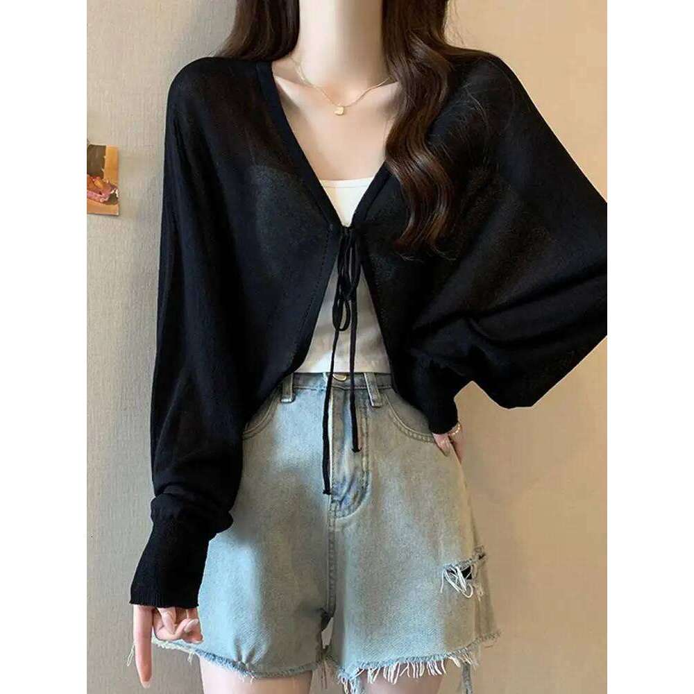Thin Black Ice Silk Sun Protection Cardigan for Women Knitwear Summer Cover Up Large Size Lazy Sleeve Shawl Strap Outerwear Top Z260314