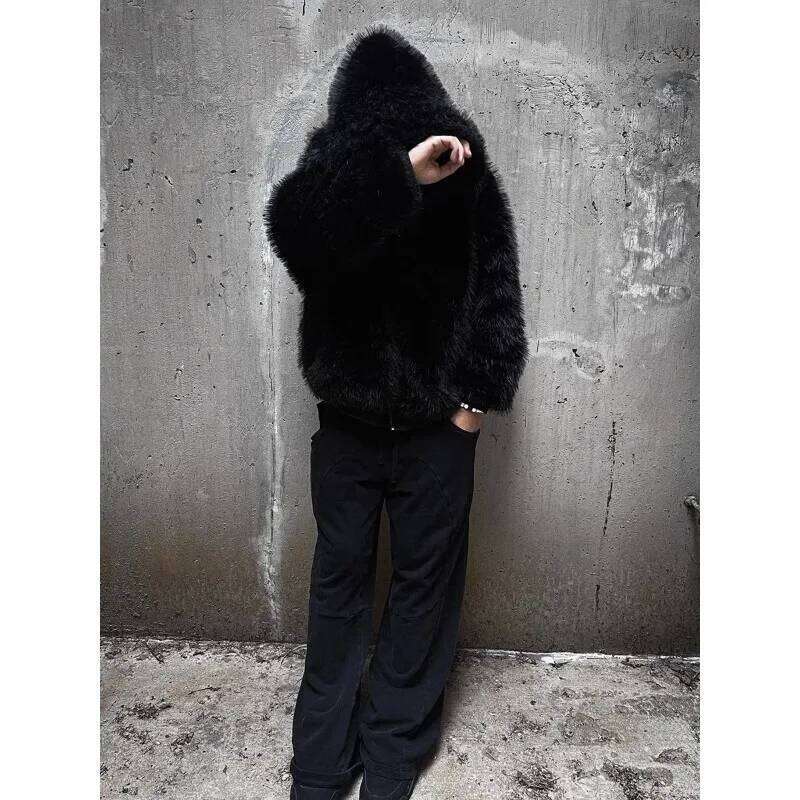 Mauroicardi Autumn Winter Oversized Thickened Warm Black Reversible Faux Fur Parka Coat Men with Hood Zipper Fluffy Jacket 2025 Z260313