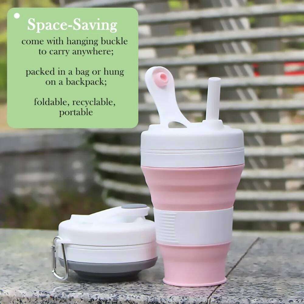 450ml/15oz Silicone Folding with Straw Lid and Carabiner Coffee Cup Suitable for Camping Picnic Travel Mountaineering Z260313