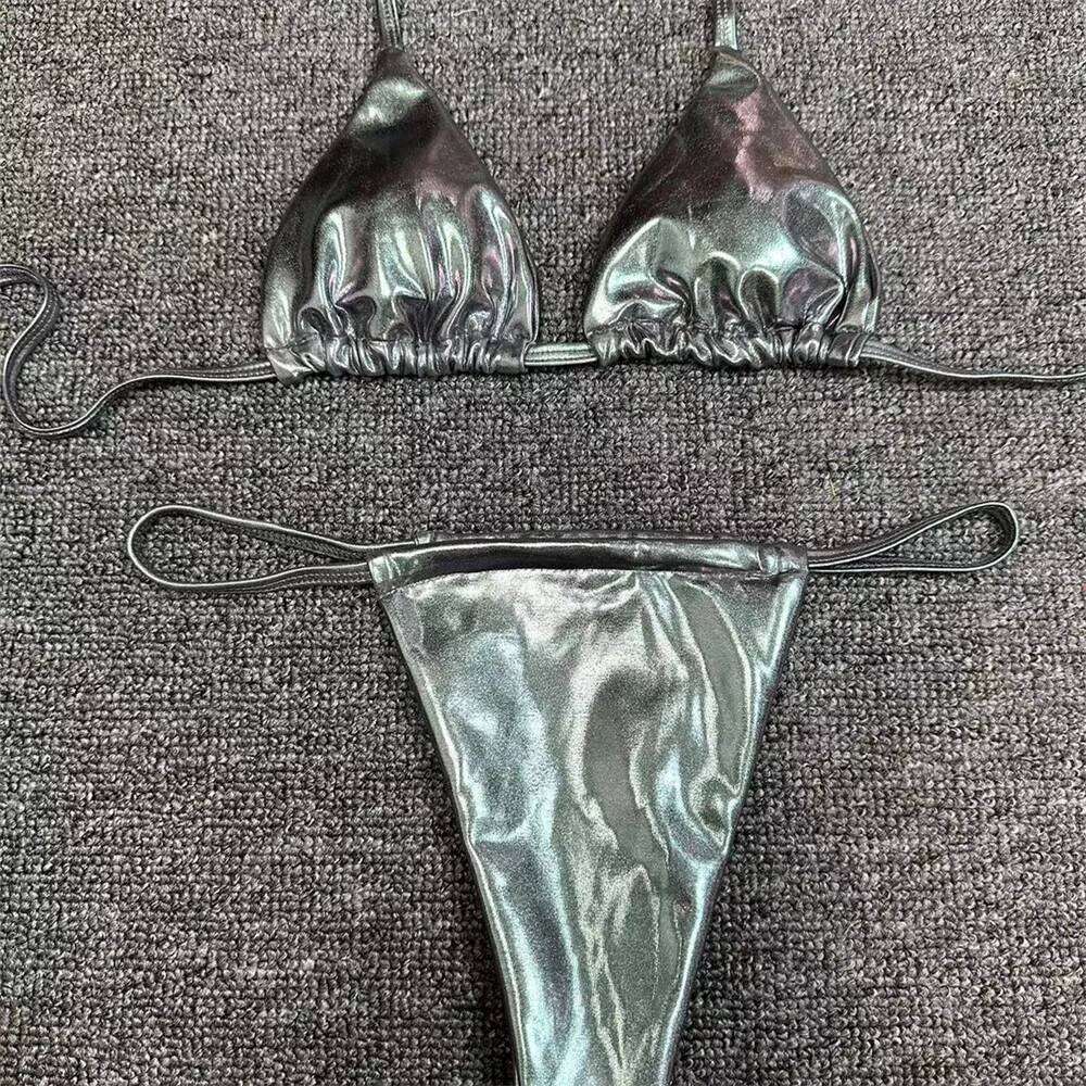 Sexy String Bikini Triangle Swimsuit Goth Silver Y2K Swimwear Women Backless Bathing Suit Micro Extreme Tanga mujer Beach Outfit Y260303
