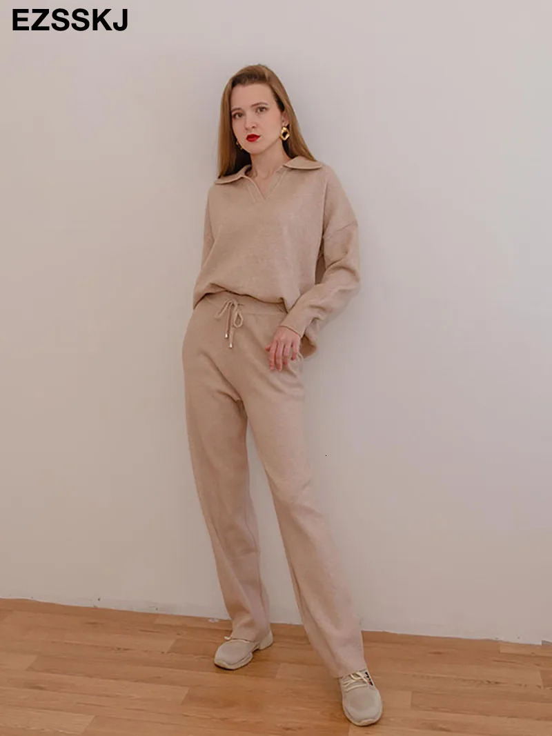 2 Pieces Set Women oversize Tracksuit polo collar Sweater Pullover straight pants Sweater Set CHIC Knitted Outwear sweater suit 260309
