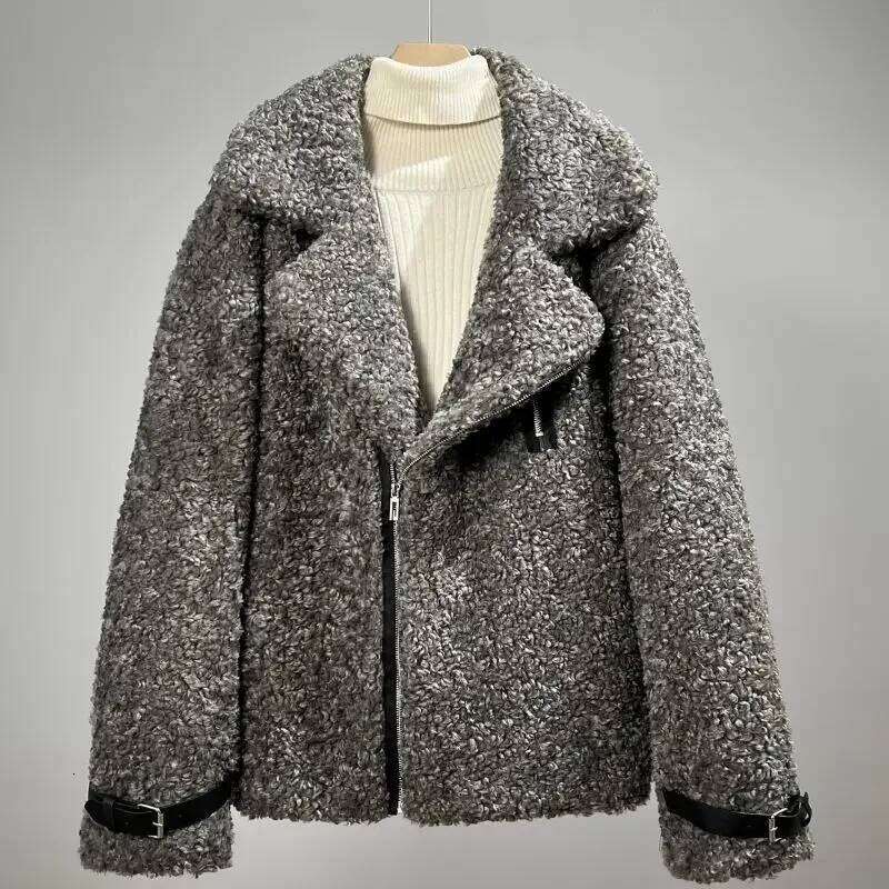 Lambswool Men's Large Lapel Collar Winter Biker Jacket Fur Thick Faux Shearling Coat Loose Vintage Warm JJ1022 Z260313