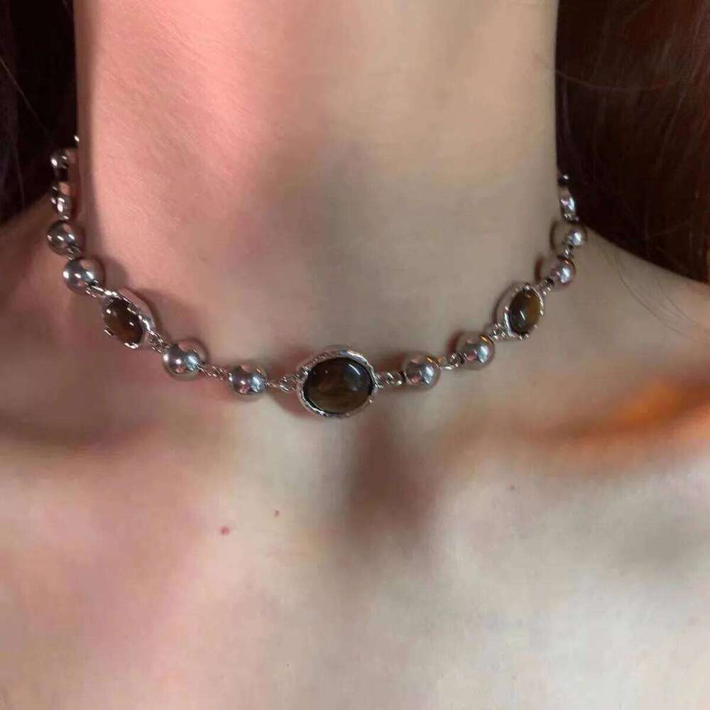 Fashion Brown Bead Vintage Beaded Necklace for Women Girls Clavicle Aesthetic Jewelry Sweater Chain Metal y2k Accessories H260312