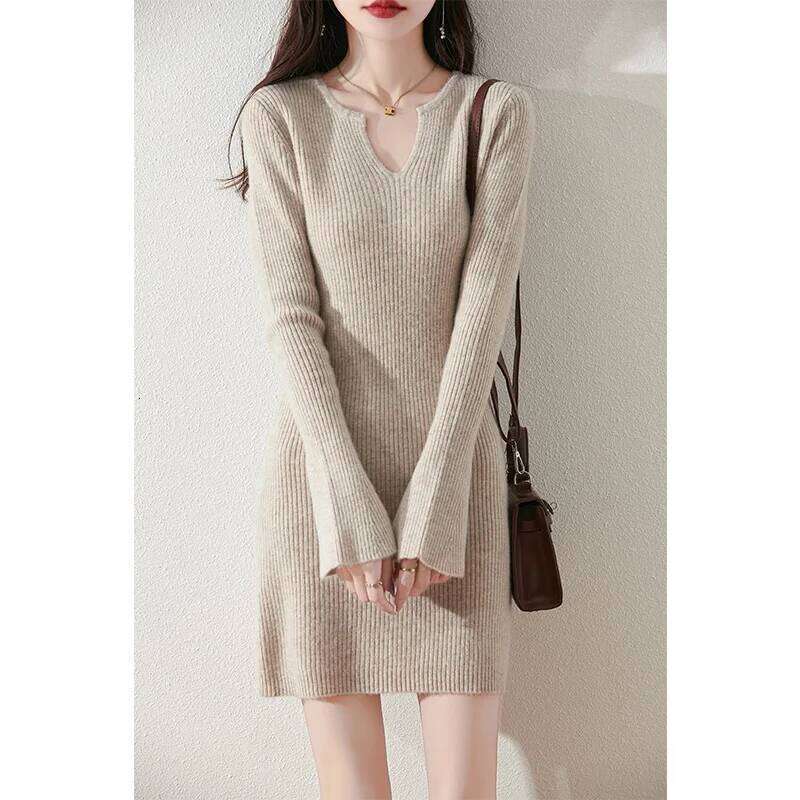 100% Merino Wool Elegant Knitted Dress Autumn Winter Women's Mid-Length Flare Sleeve Dresses Warm Sweater Bottoming Skirt Z260314