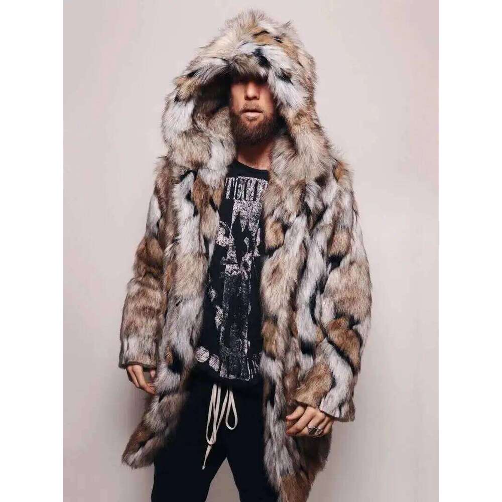 Winter Menthick Hooded Fluffy Warm Outerwear Fox Jacket Long Sleeve Men's Faux Fur Coat Z260313